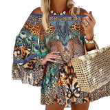 Women Off Shoulder Elegant MIni Dress Female Sexy Cocktail Party Dress Leopad Print Long Sleeve