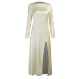 Elegant Vintage Women Dress Silk Split Autumn Party Long Sleeve Satin Ankle Length Midi Dress 2020 Casual Fit And