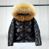Winter Puffer Jacket Women Hooded 90% Duck Down Coat Short Female Shiny Glossy Feather Parkas Huge Real Raccoon Fur-Outfit