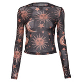 Sun Moon Print Transparent T Shirts Women Sexy See Through Long Sleeve 2019 Spring Hot Selling Clothing Stars Tops