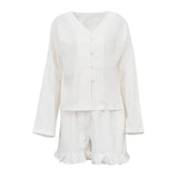Woherb Women's Summer New Set Beige Long Sleeve Loose Casual Shirt High Waist Shorts Two-Piece Set-Outfit