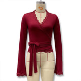 2025 New Women's Solid Color V-Neck Lace Lace With Long-Sleeved T-Shirt