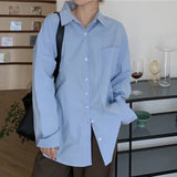 Designed Women Long Shirt Oversize Blue Long Sleeve Korean Loose Ladies Casual Blue Shirt Fashion Button Up Female