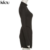 Kliou Knitted Stitching Mini Dress Women Hipster Skinny Three-Dimensional Decoration Bodycon Long Sleeve Turtleneck