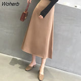 Summer Elegant Women Skirt Ladies Satin Skirt Plain Shiny Vintage Skirts Solid Office High Waist Fashion Party Skirts chic-Outfit