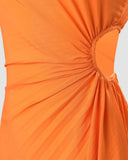 Women High Waist Hollow Out One Shoulder Cutout Pleated Dress Evening Party Ankle Length Long Dress Sleeveless Sexy Slim-Outfit