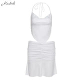 Solid Sexy Two Pieces Set Women Fashion Halter Lace Up Tank Top And High Waist Ruffle Skirt Outfit Lady Clothing