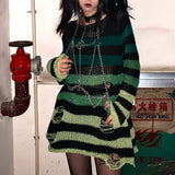 Grunge Striped Knitted Sweater Women Long Pullovers Loose Thin Punk Sweaters Jumpers Mujer Jersey Chic Streetwear 729-1-Outfit