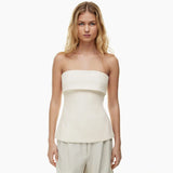 Chic Elegant Summer Women Turn Down Collar Tops Solid Color Strapless Sleeeveless Backless Side Ruched Slit Skinny T Sh-Outfit