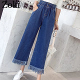 Spring Plus Size Women Jeans Tassel High Waist Elastic Ankle-Length Denim Pants Fashion Loose Wide leg Female Jeans