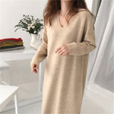 Casual V-neck Loose Long Sweater Dress Women Thick Autumn Winter Dress Female Full Sleeve Basic Jumper Dress femme 2019-Outfit