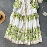 French Vintage Lapel Lantern Sleeve Print Dress Female Straps Closed Waist Show Slim Elegant Dress-Outfit