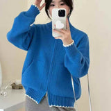 Solid Color Thin Knitted Collar Jacket 2025 New Simple Leisure Pocket Short Zipper Open