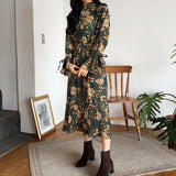 Vintage Floral Print Flare Sleeve High Waist Dress Women Spring Autumn Stand Collar Female Long Dresses A-line 2021-Outfit
