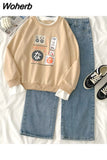 2 Piece Set womens outfits cotton Sportswear Casual loose full Sleeve hoodies and denim wide leg pants Two Piece Sets INS 430-0-Outfit