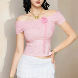 Woherb Style Sexy Lace Stitching Flower Short-Sleeve T-Shirt One-Line Shoulder Solid Color Slim Base Top-Outfit