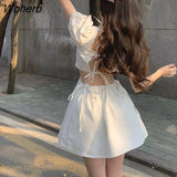 Sexy Backless Mini Dress For Women Solid Color Casual Party Dress Square Neck A-Line Puff Sleeve Slim Fit Dress-Outfit