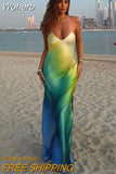 Contrast Color Silk Texture Midi Dress For Women Chic V-necked Off Back Sleeveless Vestidos 2023 Fashion Female Beach Robes-Outfit