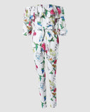 Shoulder Floral Print Lantern Sleeve Jumpsuit Women Overall Pants High Waist Spring Summer Sexy Bodycon Jumpsuits-Outfit