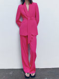 2023 Spring Summer 2 pieces sets Fashion Blazers Suit Coats ang Trousers Female Street Solid Belt Elegant Suits Clothing-Outfit