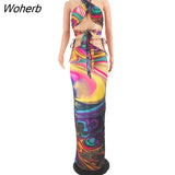 Women Two Piece Vintage Dress Suits Halter Backless Crop Top & Slim Maxi Skirt Set-Outfit