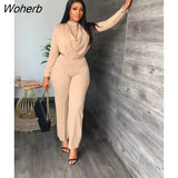 Long Sleeve Blouse Straight Pants Set 2 Piece Suit Office Ladies Solid Straight Trousers Fall/Winter 2pcs Outfits Women-Outfit