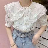 Embroidery Blouse Women French Hollow Out Peter Pan Collar Blusa Shirts Summer 2021 Elegant Short Sleeve Female Top