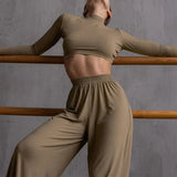 Two Piece Set Women Skinny Turtleneck Long Sleeve Cropped Top And Elastic Wide Leg Pant Suit Elegant Female Solid