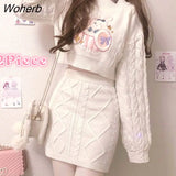 Women Sets Knitted O-Neck Full Sleeve Casual Crop Tops Kawaii Embroidery Sweaters Mini Knitted Twist Skirts Female Harajuku Ins-Outfit