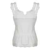 Woherb Sweet Girl Wind Flounce Splicing Vest New V Collar White Slim Single Breasted Top-Outfit