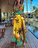 Hot Style Summer Sleeveless V-Neck Print Hem Slit Dress Woman-Outfit
