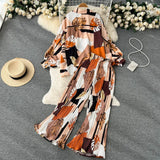 Style Two-Piece Suit Women's Autumn French Retro Print Loose Long-Sleeved Skirt High-Waist Straight Casual Trousers-Outfit