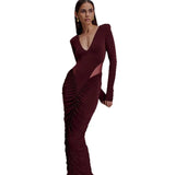 2025 New Solid Color Long-Sleeved Deep V-Neck Sexy Folded Empty Bag Dress Dress