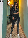 kliou women 2 pieces set fitness tracksuit long sleeve zipper crop top+leggings fashion reflective letters sportswear