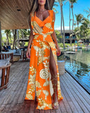 Hot Style Summer Sleeveless V-Neck Print Hem Slit Dress Woman-Outfit