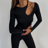 Woherb New Irregular Hollow Long Sleeve T-Shirt Women's Round Collar Solid Color Slim Bottom Top-Outfit