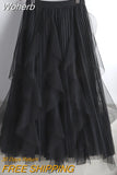 Women Beaded Petal Mid-length Ruffles Mesh Pleated Skirts Elegant High-waisted Fairy A-line Long Tulle Skirts QT1682-Outfit