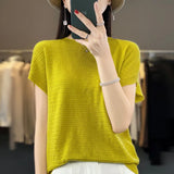 Woherb Line Of Clothing Worsted Short Sleeve Female Round Collar Loose Thin Bat Sleeve Vest Shirt Hollow Out Outside The Hair-Outfit