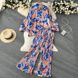 Style Two-Piece Suit Women's Autumn French Retro Print Loose Long-Sleeved Skirt High-Waist Straight Casual Trousers-Outfit