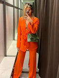 Women Fashion Solid Lace Up Blazer Set Chic Lapel Long Sleeved High Waist Pants Suit 2023 Spring Office Ladies Elegant Outfits-Outfit