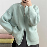 Woherb Color Double Zipper Design Sense Knit Cardigan Female 2024 Spring Autumn New Korean Loose And Casual-Outfit