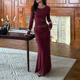 Autumn New Fashion French Temperament To Close The Waist Folds Irregular Long-Sleeved Dress