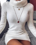 Winter New Fashion Turtleneck Sexy Women's Mini Package Hip Dress Casual Bodycon Solid Long Sleeve Ladies Furry