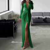 Woherb New Solid Color Dress Summer Fashion Sexy Slit V Neck Long Sleeve Solid Slim Pleated Skirt Dress-Outfit