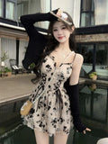 Gothiscyn Long Sleeve Knit Cardigan Crop Coat Two-piece Dress Ladies Drawstring Floral V-neck French Suspender Robe Suit