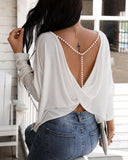 Women Elegant Fashion Casual Long Sleeve Blouse Beaded Backless Sexy