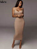 Kliou strap backless sexy bodycon midi long dress new women high waist cotton striped dresses elegant fashion party