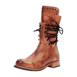 Leather Mid Calf Boots Retro Punk Lace-Up Low Heels Autumn Winter Motorcycle Boots Vintage Round Toe Cowboy Western