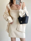 Woherb New Loose Solid Color Sweater Cardigan Package Buttock Vest Skirt Suit In The Long Sweater Two Sets Of Women-Outfit