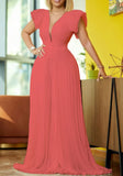 Formal V-neck Short Sleeves Solid Pleated A-line Evening